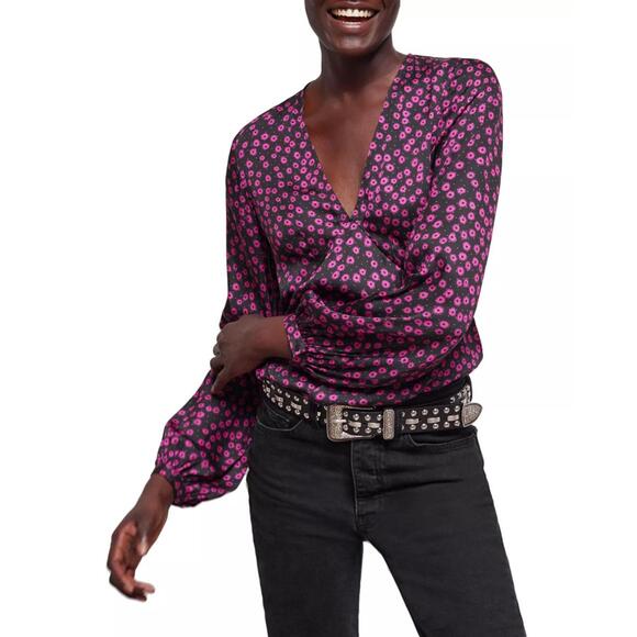 The Kooples Daisy Dots Silk Blouse Size 0 (US XS) Black Pink NWT - Picture 3 of 9